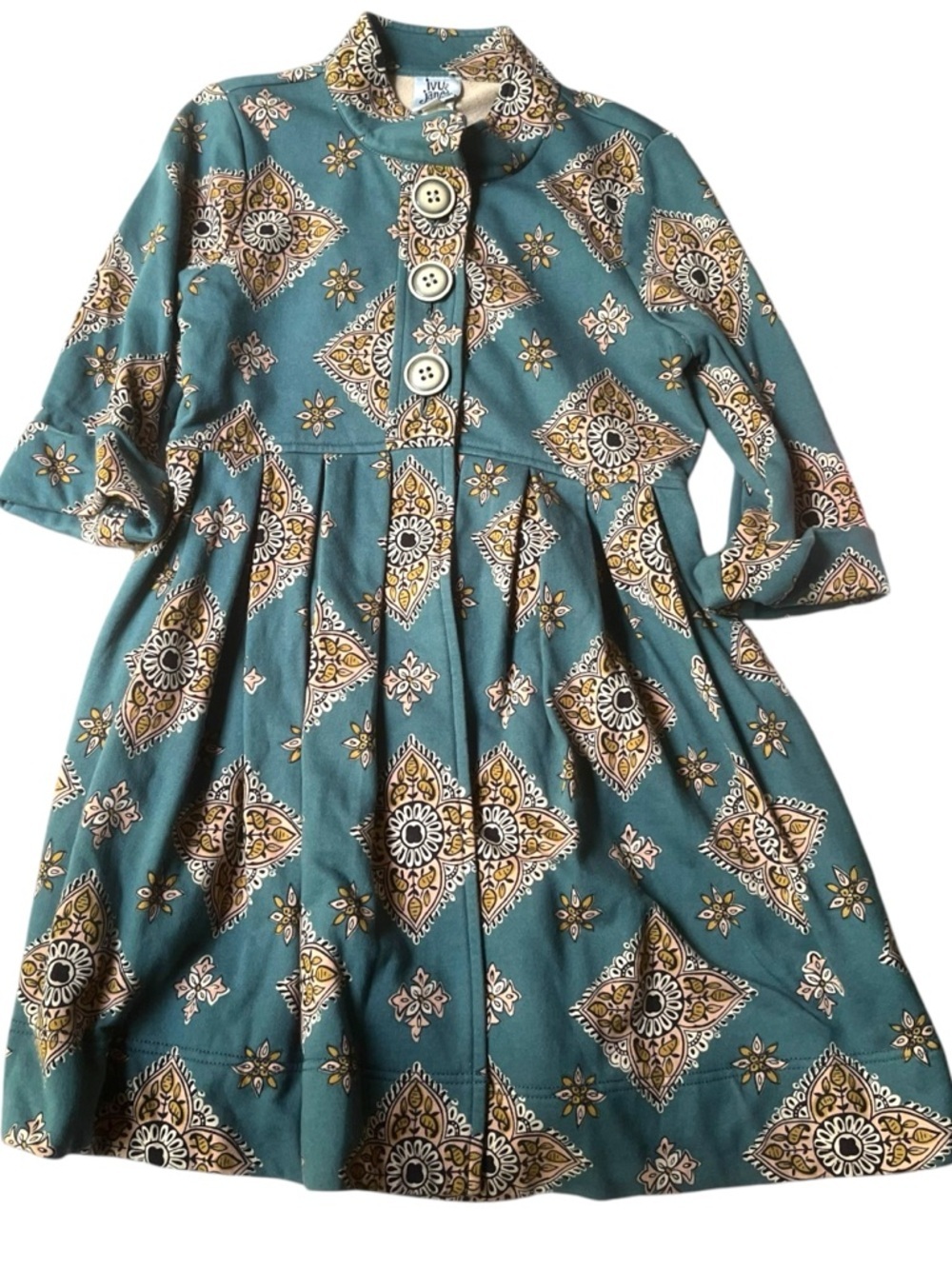 Ivy Jane Teal Medallion Print Button Front Knit Dress XS